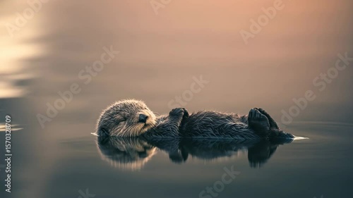 Peaceful sea otter floats on its back in tranquil water during sunrise