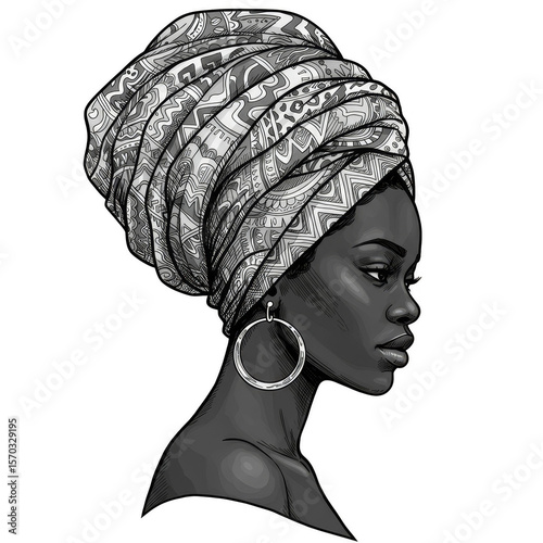 Illustration of Elegant African Woman with Headwrap Portrait and Jewelry