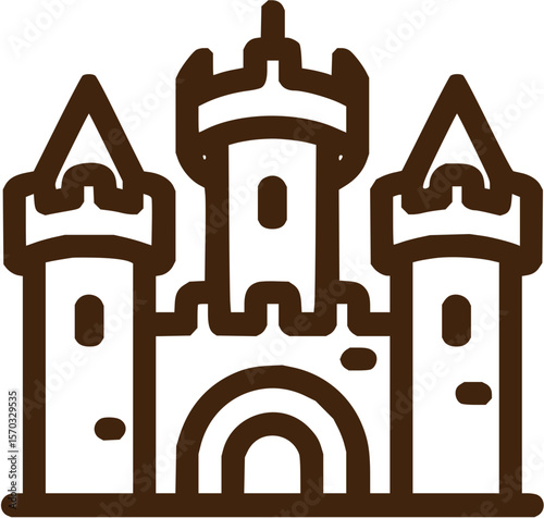 Illustration of a brown outlined castle with towers and arched entrance on a white background view