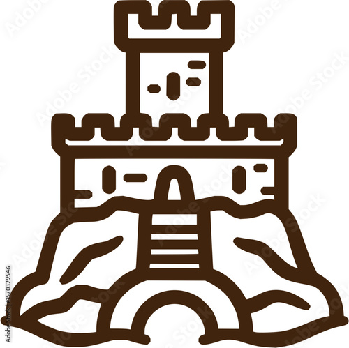 Illustration of a castle with a bridge and stairs leading up to the main structure on a rocky base