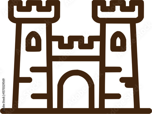 Illustration of a brown outline castle with two towers and a central archway on a white background