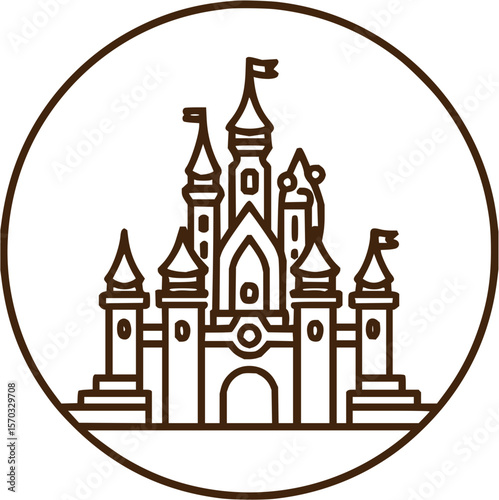 Illustration of a majestic castle with flags and towers inside a circle outline design element icon