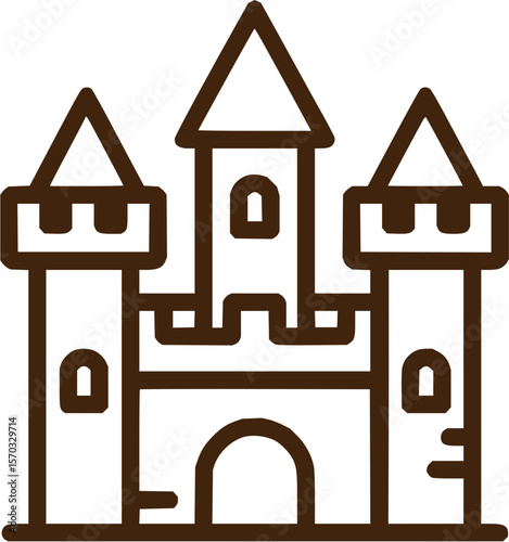 Illustration of a simple brown outlined castle with three towers and an arched entrance gate design element