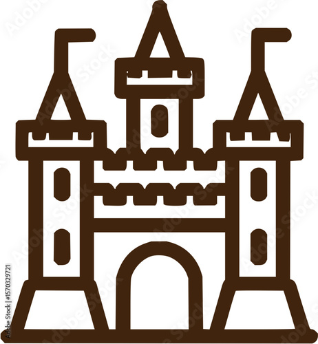 Illustration of a brown castle with flags on top of the towers and an arched entrance way design style