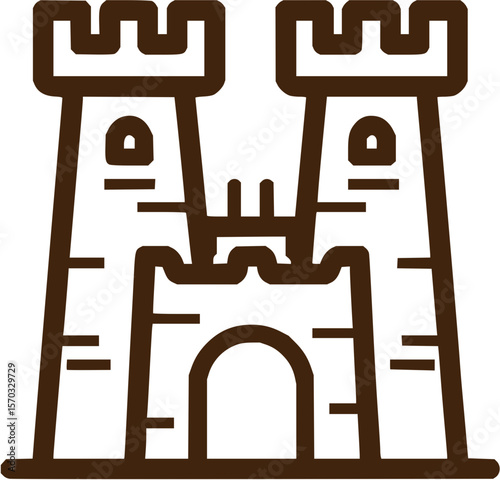 Illustration of a simple sandcastle with two towers and an arched entrance in a brown outline style