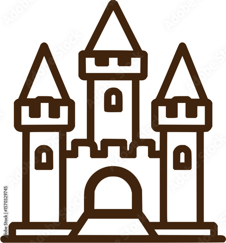 Illustration of a simple castle with three towers and a central arched entrance in brown outline style