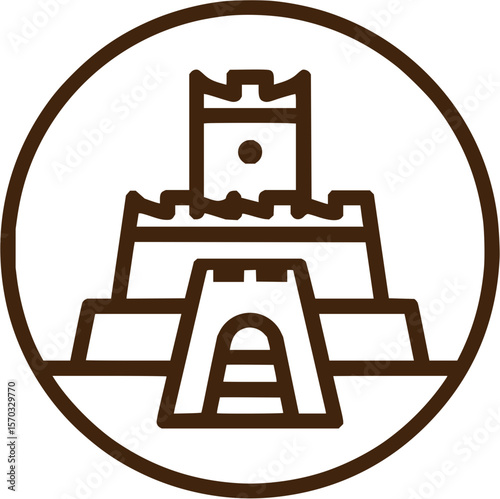 Illustration of a stylized fortress with a central tower inside a circle outline design element