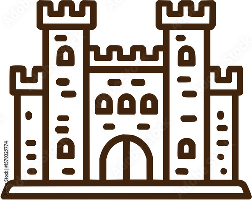 Outlined illustration of a castle with towers battlements and arched entry and window openings seen frontally