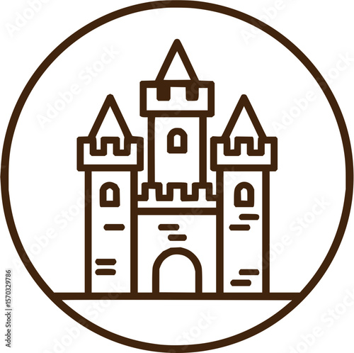 Illustration of a brown outlined castle with towers inside a brown circle on a white background