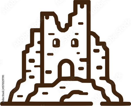 Illustration of a ruined castle with broken walls and an arched doorway on a rocky hill outline