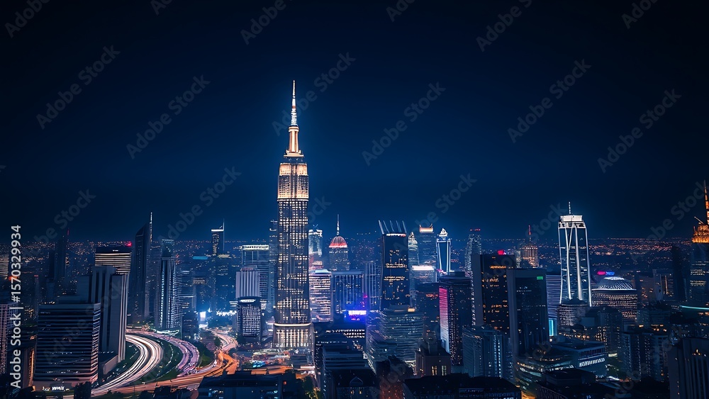 Obraz premium Nighttime urban landscape with illuminated skyscrapers and light trails, creating a dynamic city atmosphere.