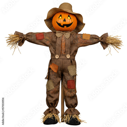 Festive Halloween Pumpkin Scarecrow Decoration Against Transparent Backdrop