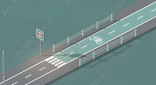 Stylized Perspective Of Road With Bicycle Lane And Pedestrian Crossing Area