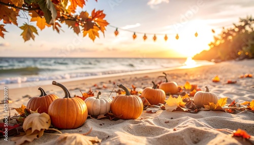 Fototapeta Naklejka Na Ścianę i Meble -  Pumpkins and Leaves on Beach at Sunset Autumn Scene