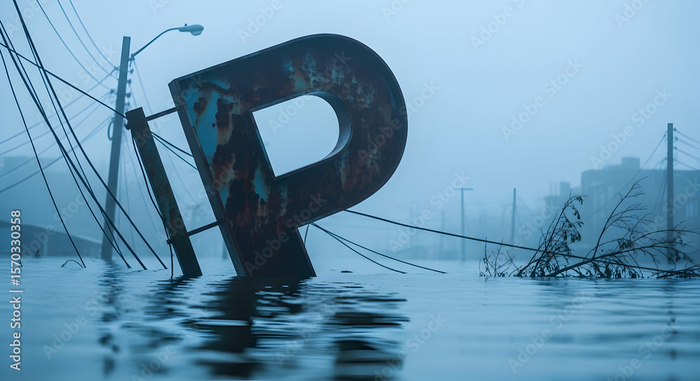 Fototapeta premium Submerged Parking Sign Amidst Flooded Urban Landscape After Severe Weather
