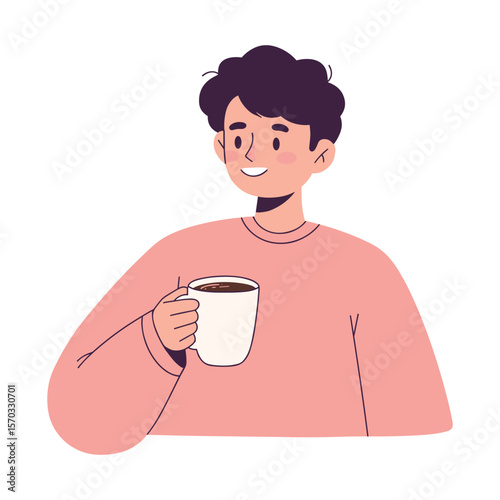 Cheerful Young Man Enjoying a Warm Beverage in a Mug