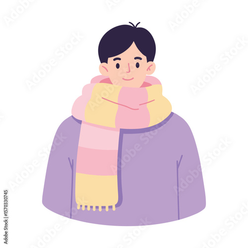 Cheerful Young Man in Purple Jacket and Striped Scarf