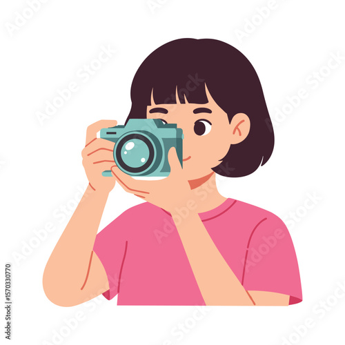 Girl with Short Dark Hair Taking a Photograph with a Teal Camera