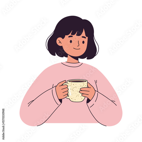 Woman with Bob Haircut Enjoying a Warm Drink from a Cracked Mug