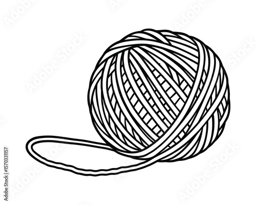 Yarn Ball Vector Illustration, Detailed Thread Ball in Black and White Art