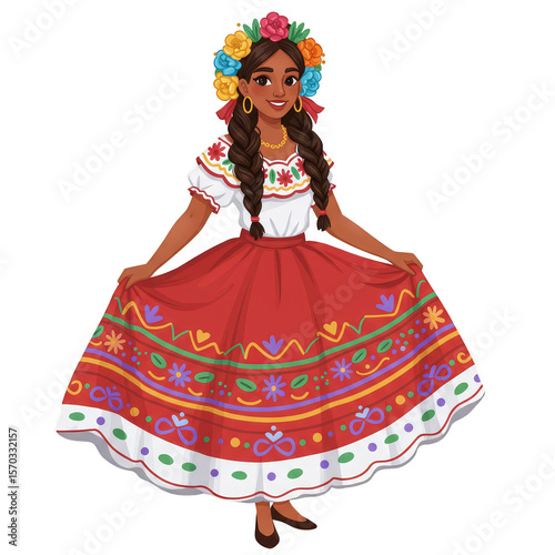 Folklorico Illustration of Woman in Traditional Red Dress Culture