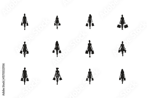 Vector silhouettes of people in various situations and outfits illustration set