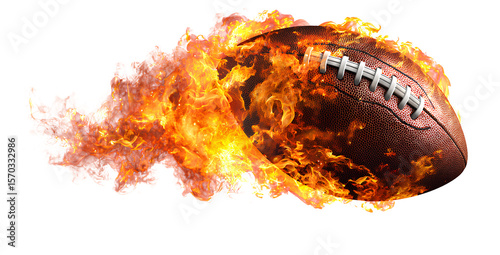 A realistic American football on fire, flying in a vector style against a white background