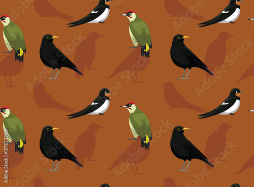 Summer Birds Blackbird Swallow Woodpecker Cartoon Seamless Pattern Background Wallpaper