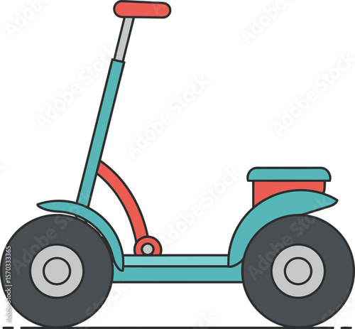 A teal and red electric scooter, shown in profile view, features chunky tires and a small storage compartment.