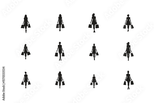 Vector silhouettes of people walking in various poses and styles in black design