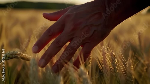 A hand gently touching golden wheat in a field during sunset with a blurred background of trees