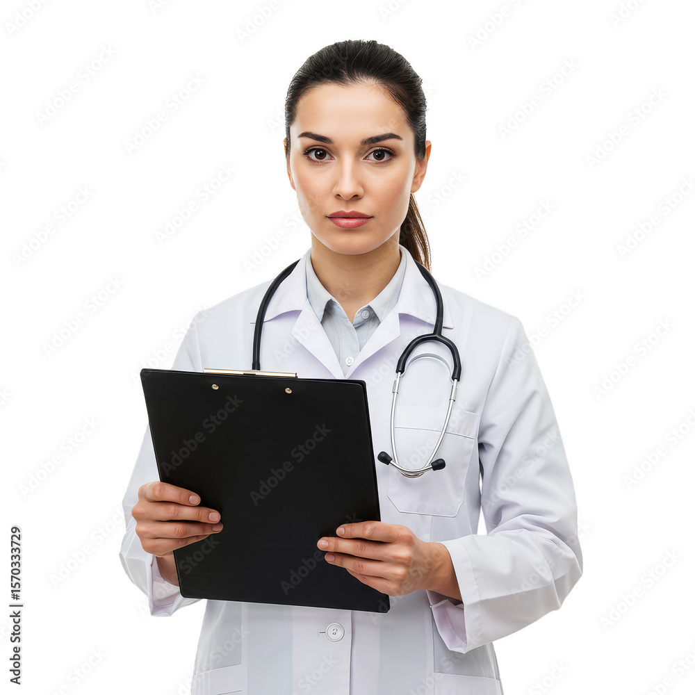 Isolated Portrait of a Serious Doctor Woman with Clipboard Holding Isolated Portrait of a Serious Doctor Woman with Clipboard Holding
