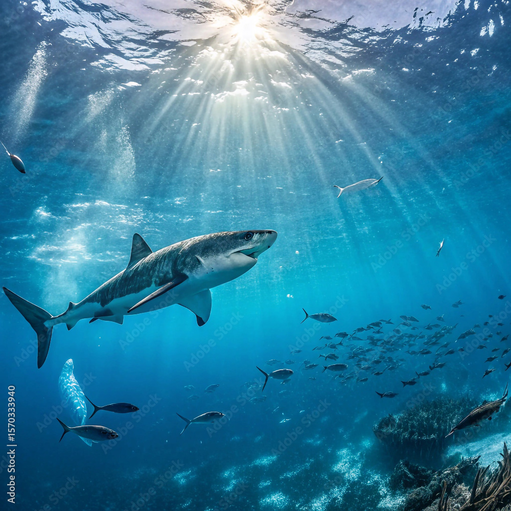 Fototapeta premium Great White Shark Swimming Underwater in the Turquoise Ocean with Sun Rays and a School of Fish, Marine Wildlife background