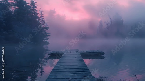 A quiet and peaceful lake surrounded by misty pine trees 