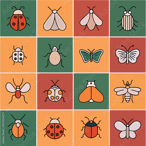 A colourful Grid of minimalist icons featuring different kinds of insects,Cute & Simple Insect Icons Grid