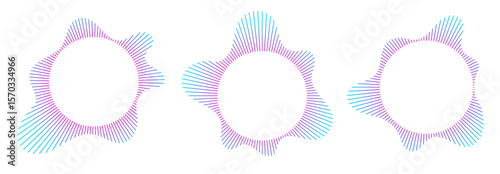 Sound equalizer icons with lines, gradient neon circular sound wave frames, abstract radial music icons. Audio beat symbol concept isolated on white. Vector illustration.