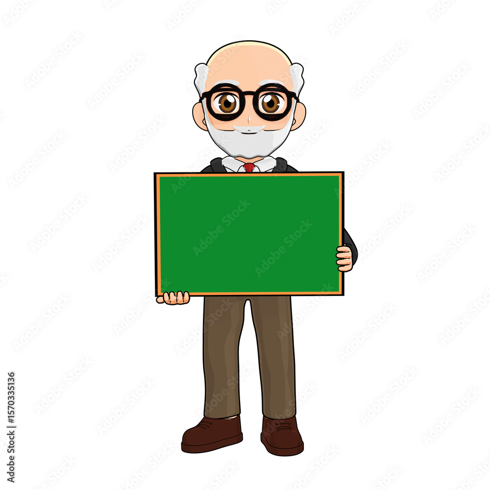 3D illustration of cartoon principal character holding blank green board, wearing suit and tie, ready for educational message or presentation. 3D illustration of cartoon principal character holding blank green board, wearing suit and tie, ready for educational message or presentation.