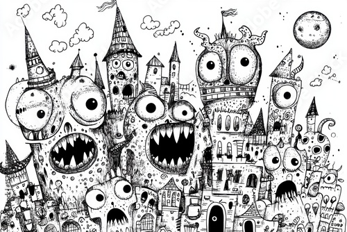 Playful Monsters wreaking havoc on cityscape in engaging black and white illustration. Funny destroying city buildings drawing