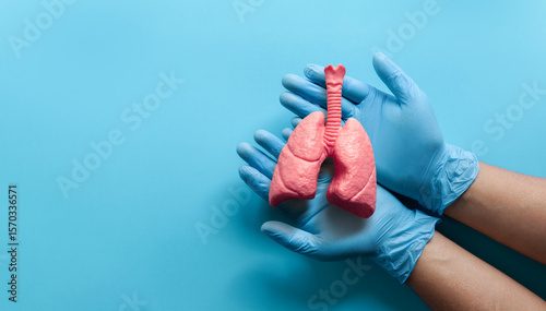 Foto Healthy red lung model in doctor hands on pastel green background