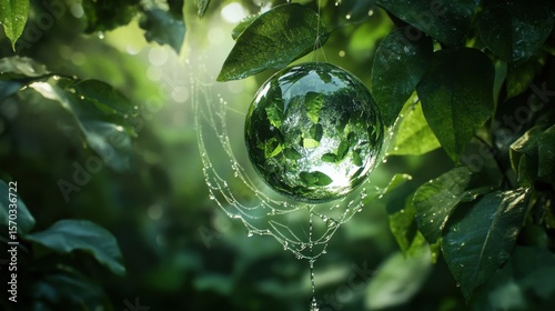 Green glass sphere hanging in spider web among leaves with sunlight and water drops, symbol of nature and earth