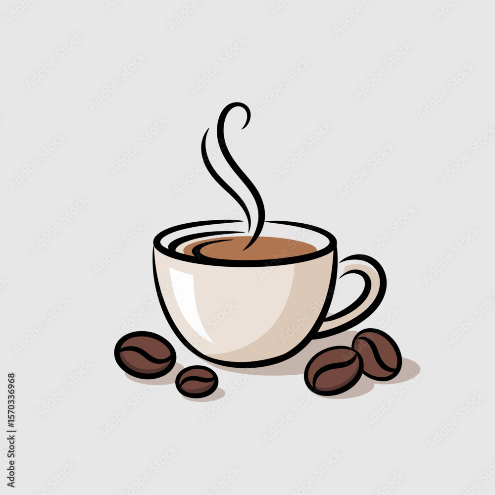 Obraz premium Aromatic Coffee Moment: An artful depiction of a coffee cup filled with fresh, steaming coffee, surrounded by coffee beans, illustrating a cozy morning moment.