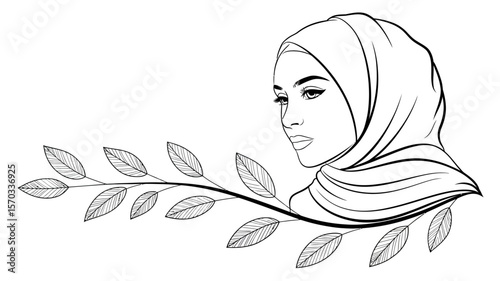 The Gentle Gaze: A serene depiction of a woman, draped in a modest headscarf, embodying graceful elegance, serenity and spirituality.