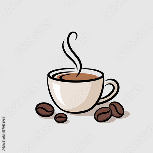 Aromatic Coffee Moment: An artful depiction of a coffee cup filled with fresh, steaming coffee, surrounded by coffee beans, illustrating a cozy morning moment.