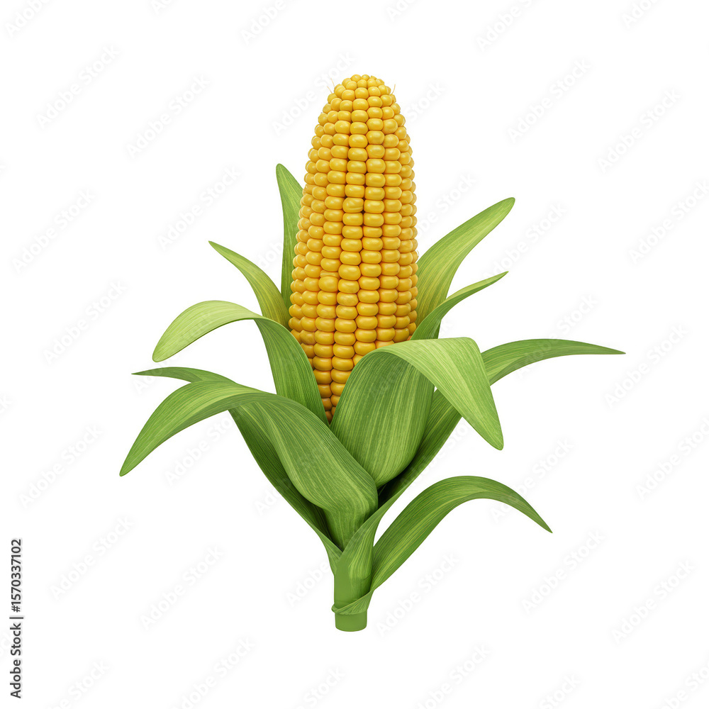 Obraz premium Isolated Transparent Background Corn Ear Cob Yellow and Green Leaves
