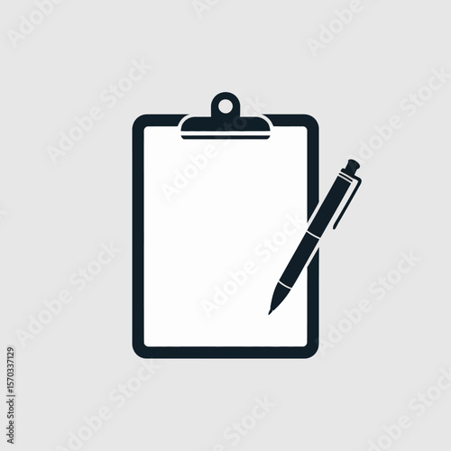Clipboard and Pen: A modern minimalistic illustration of a blank clipboard and pen, designed for versatile use in business, education, and creative projects.