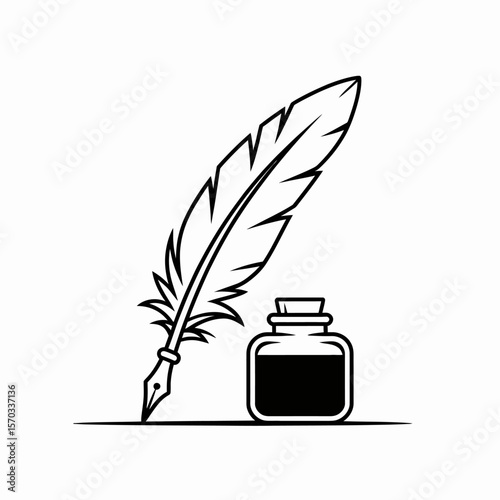 Classic Quill and Inkwell: A timeless image of a quill pen next to a bottle of ink, symbolizing literature, writing, and creative expression. This design captures a sense of history and artistry.