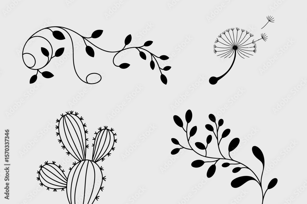 Obraz premium Botanical Designs: A set of elegant botanical illustrations, featuring delicate leaves, a dandelion and a cactus, perfect for adding a touch of nature-inspired beauty to any design. 