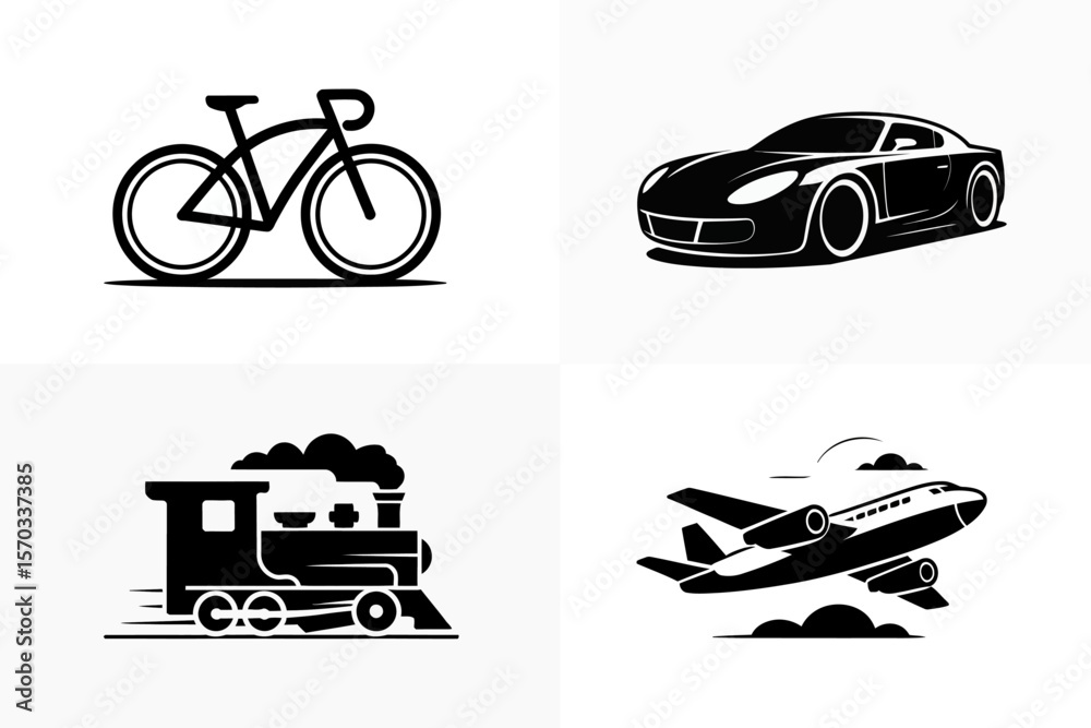 Obraz premium Transportation icons: A minimalist collection showcasing four primary modes of transportation: bicycle, car, train and airplane. Illustrating the essence of mobility and travel