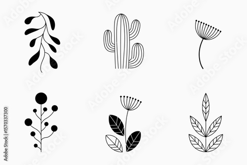Elegant Botanical Silhouettes: Exquisite collection of delicately drawn floral elements, meticulously arranged in a minimalist style. Evoking a sense of refined beauty and natural grace.