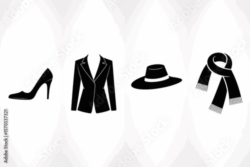Elegant Essentials: A minimalist composition of essential women's accessories, featuring high-heeled shoe, blazer, hat, and scarf, symbolizing grace, confidence, and timeless style. 
